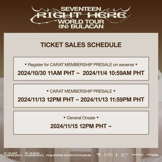 SEVENTEEN RIGHT HERE tour bulacan ticket sales schedule
