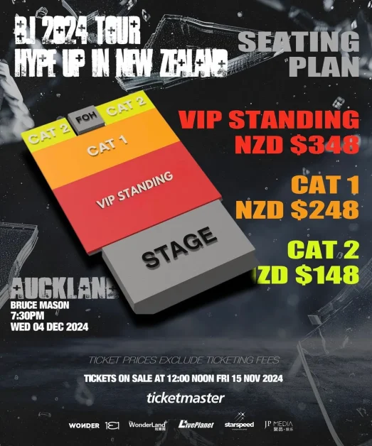 B.I Hype Up In New Zealand 2024 Ticket prices seat plan