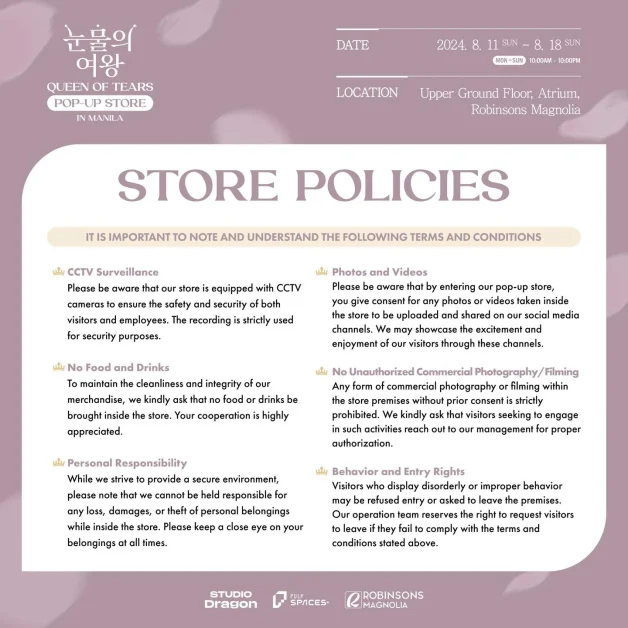 Queen of tears pop up store manila store policies
