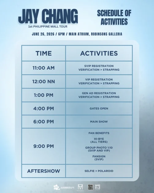 Jay Chang 1st Philippine Tour Robinsons Galleria Schedule of Activities
