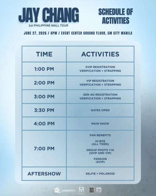 Jay Chang 1st Philippine Tour SM City Manila Schedule of Activities