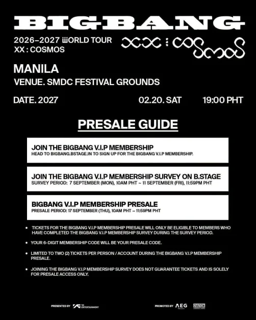 Bigbang cosmos manila concert 2026 presale