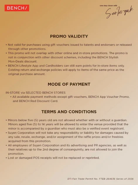 bench one step closer with seo in guk promo validity, mode of payment, terms and conditions